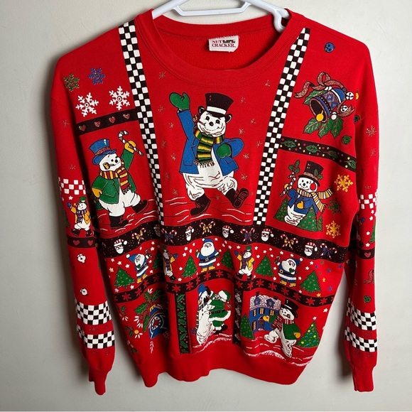 Vintage Christmas Sweatshirt Jumper Women's Size Large Checkered Santa Snowman - Picture 1 of 12